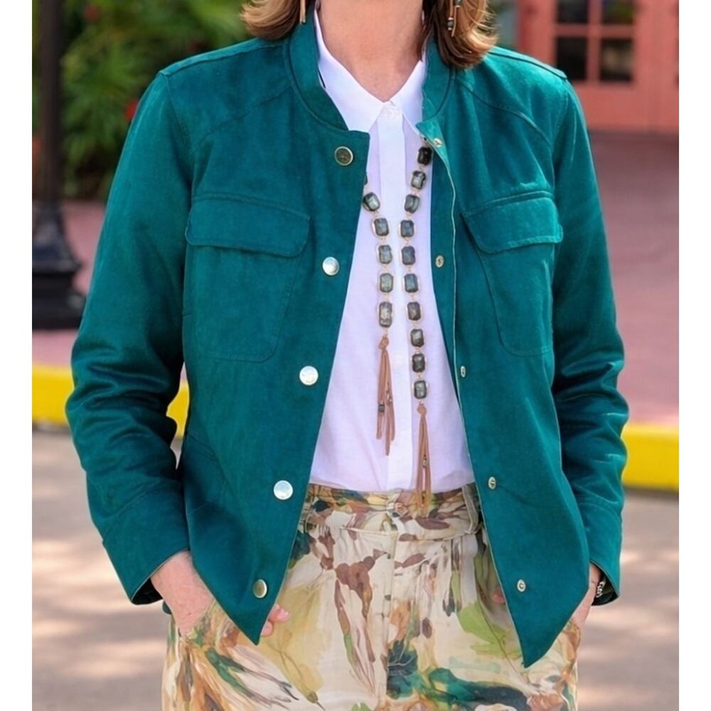 CHICO'S Double Face Sueded Jacket Size Medium Dark Teal Colorful Layers Spring
